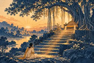 सूर्योदय में वटवृक्ष के नीचे रिक्त गुरु-आसन की सीढ़ियों के पास हाथ जोड़कर बैठा भक्त
