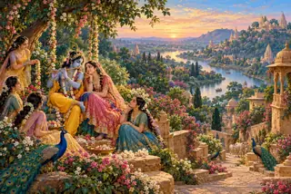पुष्प-सजे झूले पर राधा-कृष्ण और सखियाँ; पीछे नदी, मंदिर, ब्रज की गलियाँ और मोरों से भरा कल्पित धाम