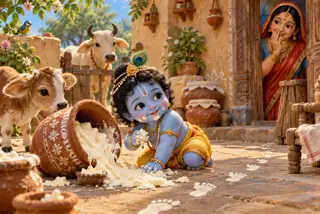 गोकुल के आँगन में उलटी माखन-मटकी और बछड़े के पास मुस्कराते बालकृष्ण; द्वार से देखती यशोदा, मुलायम खिलौने जैसी कला में