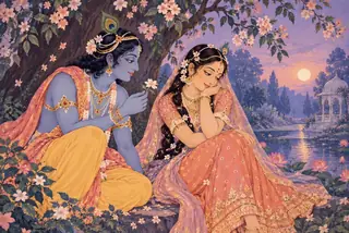 पुष्पवृक्ष के नीचे मुख फेरकर बैठी राधा को फूल अर्पित करते श्रीकृष्ण; पीछे सूर्यास्त में कमल-सरवर