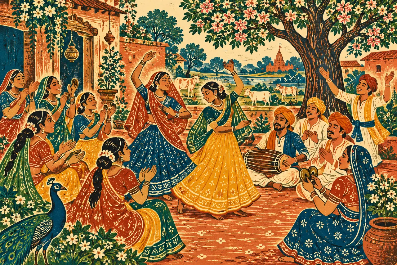 ब्रज के आँगन में ढोलक, मंजीरों और तालियों के साथ गाते-नृत्य करते ग्रामवासी, मिट्टी और नील रंग की लोक-छाप जैसी कला में