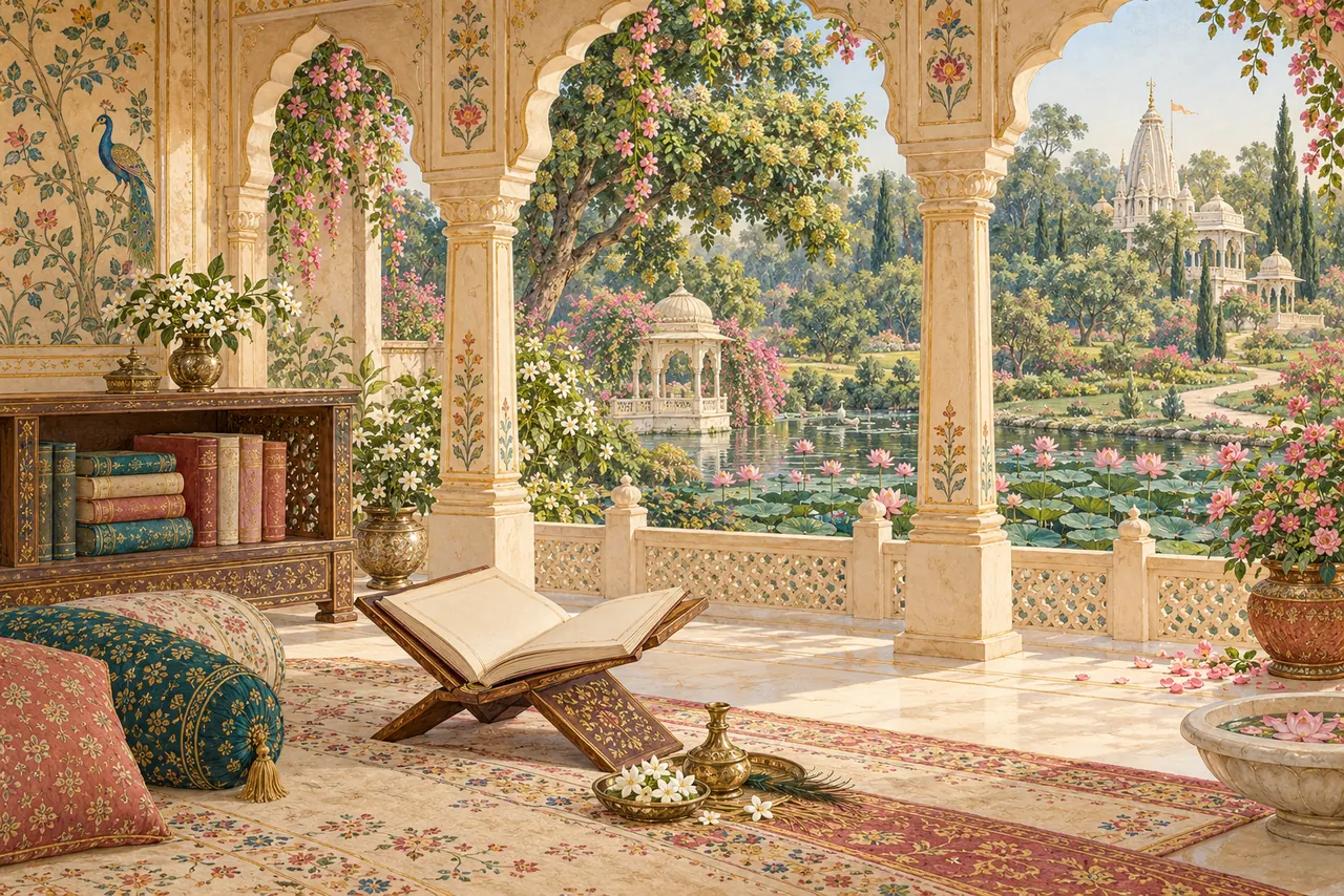 Books and an open manuscript in an airy sandstone reading pavilion overlooking a flowering garden and lotus pond