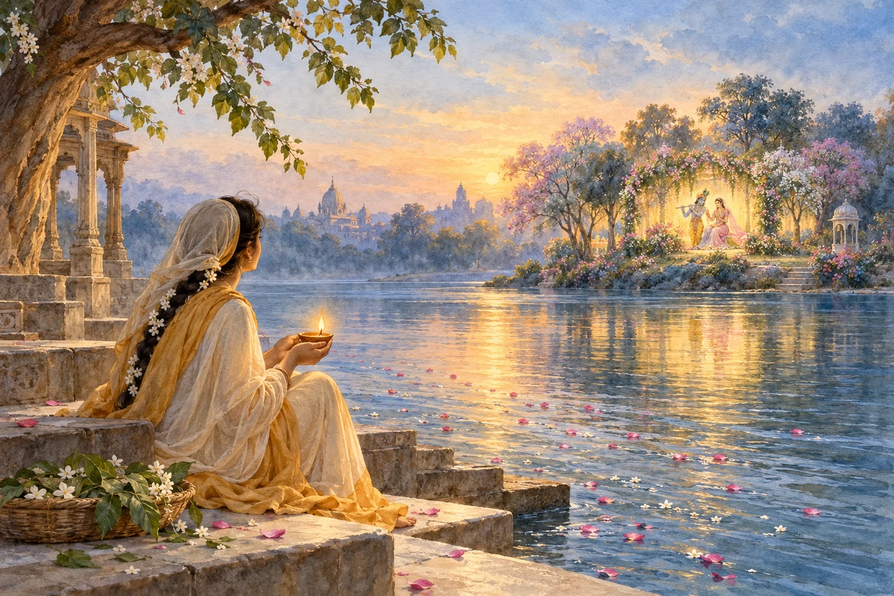 A pilgrim holds a small oil lamp beside a river, with fresh leaves and fallen petals in a quiet landscape.