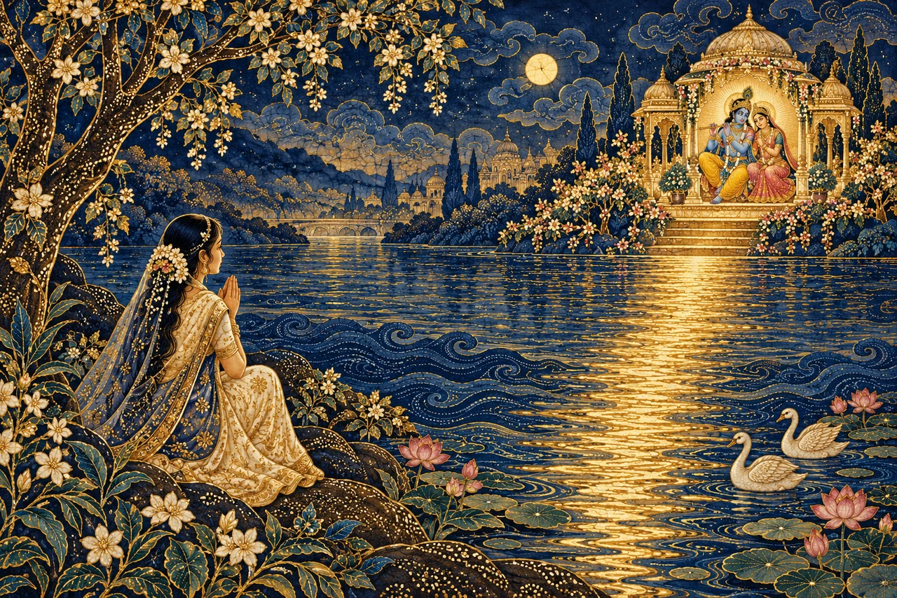 A seated devotee faces a distant Radha-Krishna shrine across a river joined by a continuous golden reflection.
