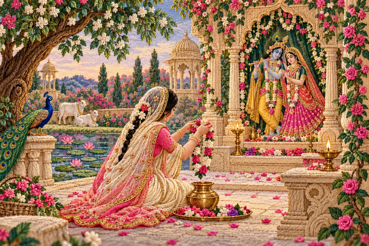 A devotee offers a flower garland before a Radha-Krishna shrine in a blossoming courtyard with a lamp and water vessel.