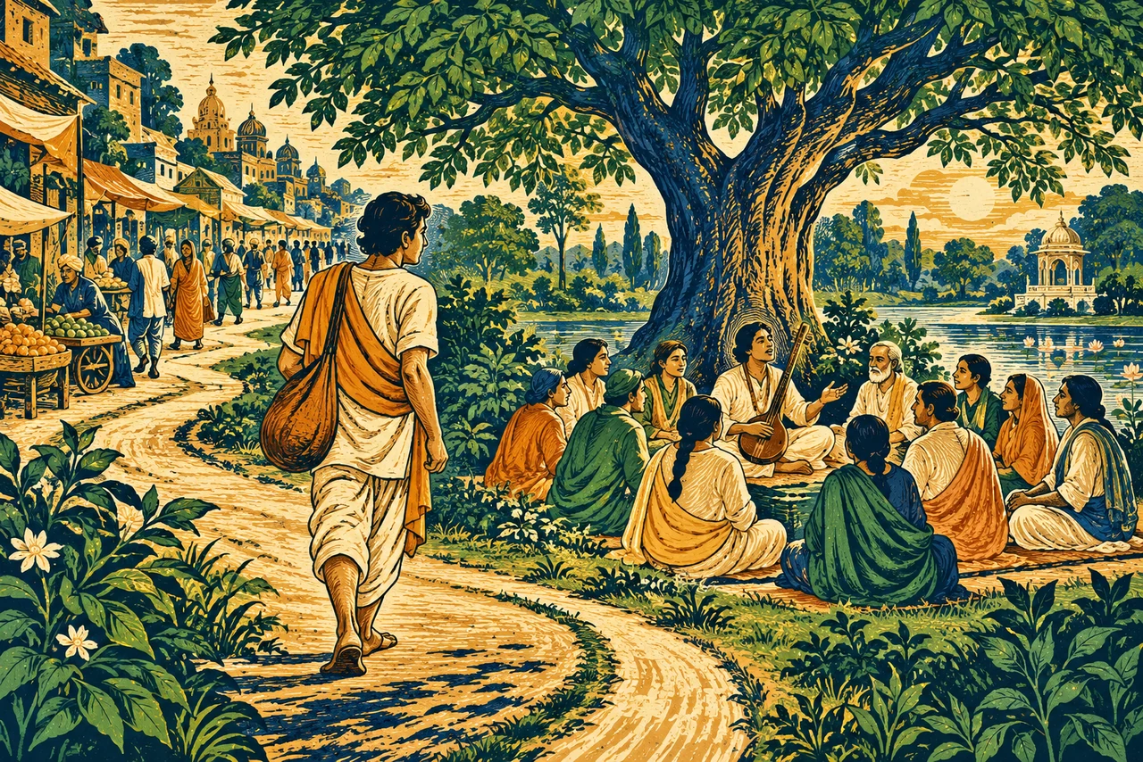 A traveler approaches a quiet devotional gathering beneath a tree as a busy village market recedes along the path.
