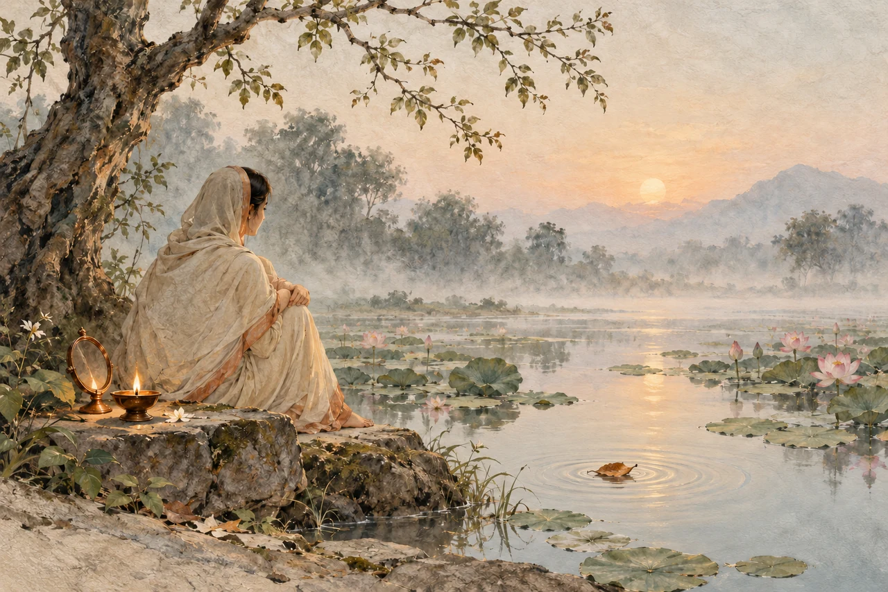 A devotee sits beside a still lotus pond with a steady lamp and small copper mirror beneath a sparse tree.